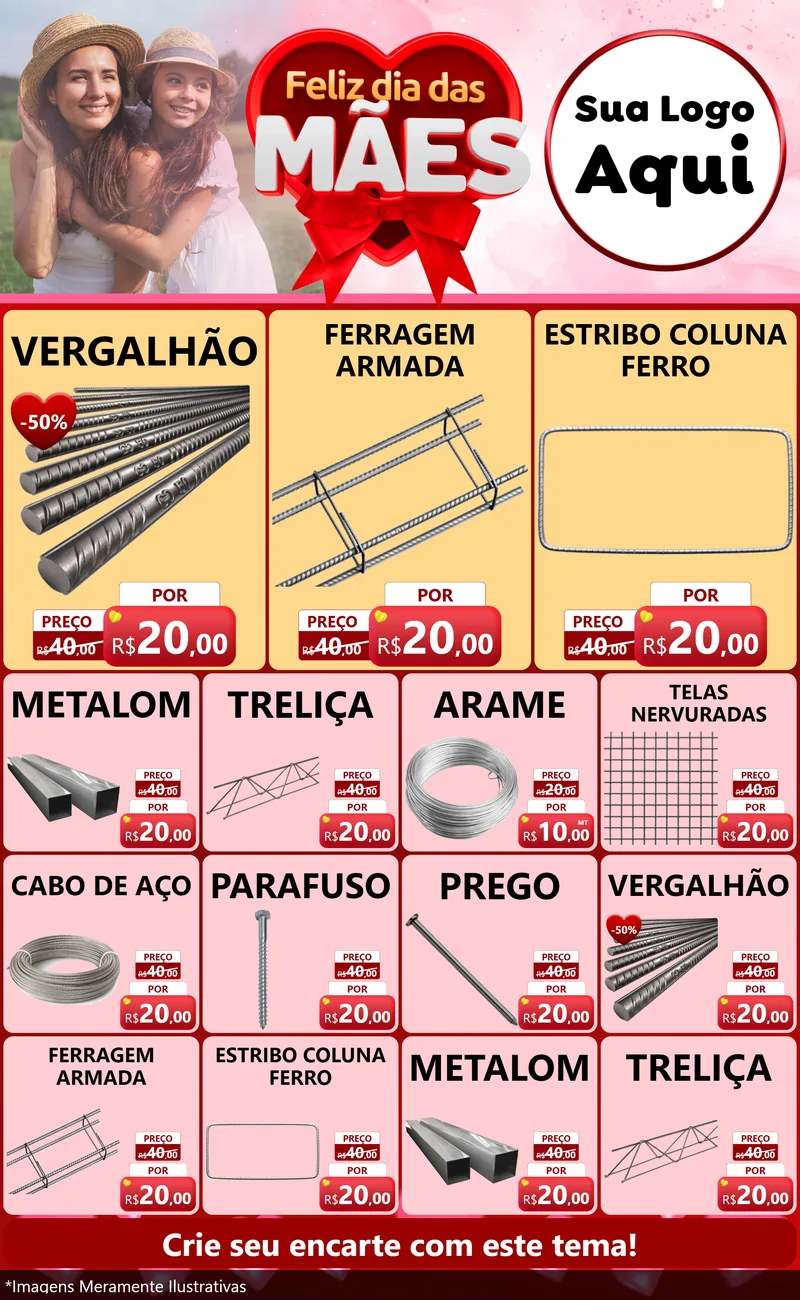 Modelo de Encarte para Encarte Grande com o tema Feliz Dia Das Mães para Ferragens
