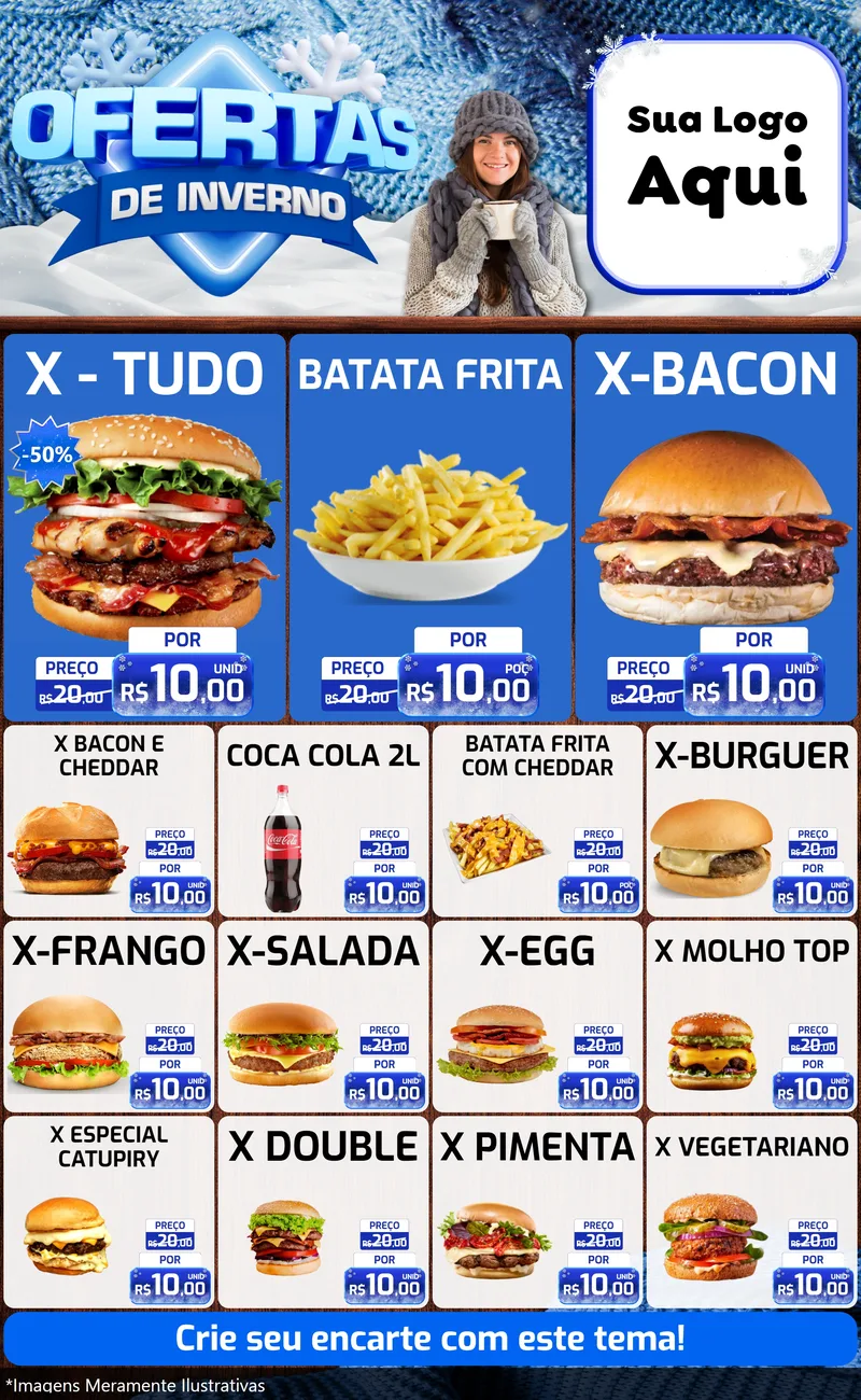 Modelo de Encarte para Encarte Grande com o tema Ofertas de Inverno para Hamburgueria