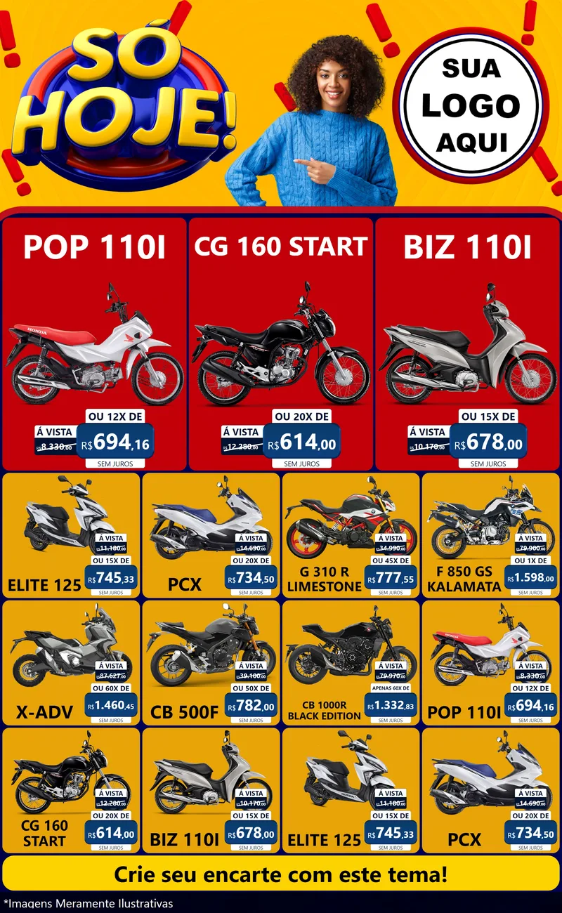 Modelo de Encarte para Encarte Grande com o tema Só Hoje! para Concessionaria de Motos