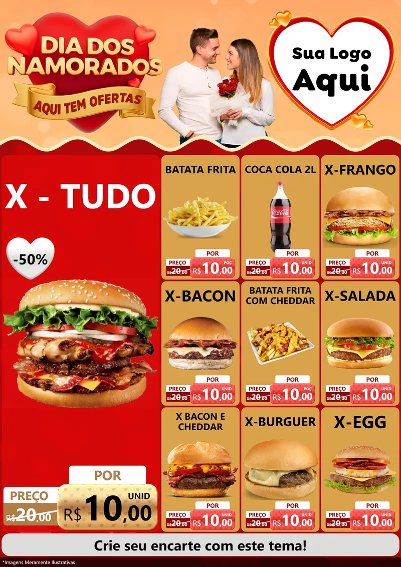 Modelo de Encarte para Encarte A4 Vertical com o tema Dia dos Namorados - Aqui Tem Ofertas para Hamburgueria
