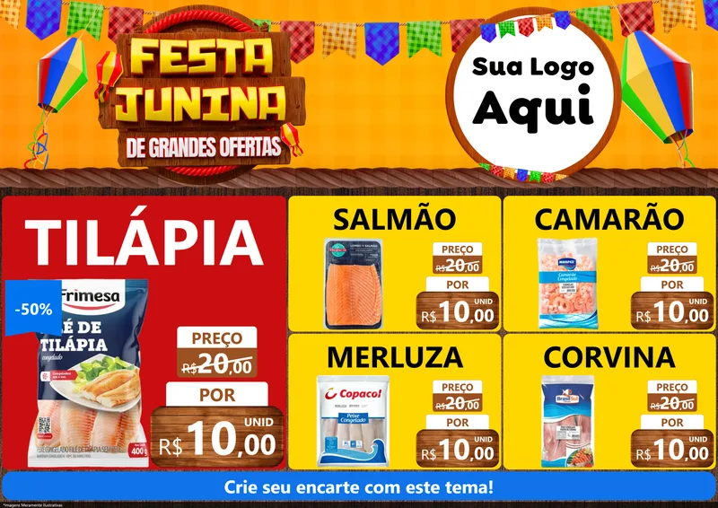 Modelo de Encarte para Encarte A4 Horizontal com o tema Festa Junina de Grandes Ofertas para Peixaria