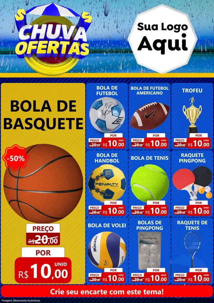 Modelo de Encarte para Encarte A4 Vertical com o tema Chuva de Ofertas para Artigos Esportivos