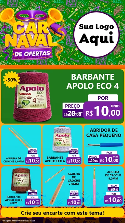 Modelo de Rede Social para Stories com o tema Carnaval de Ofertas para Armarinho e Aviamentos
