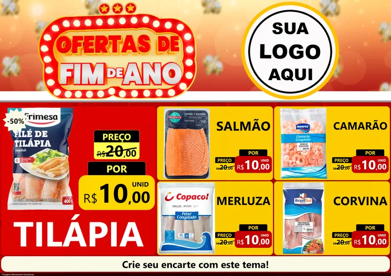 Modelo de Encarte para Encarte A4 Horizontal com o tema Ofertas de Fim de Ano para Peixaria