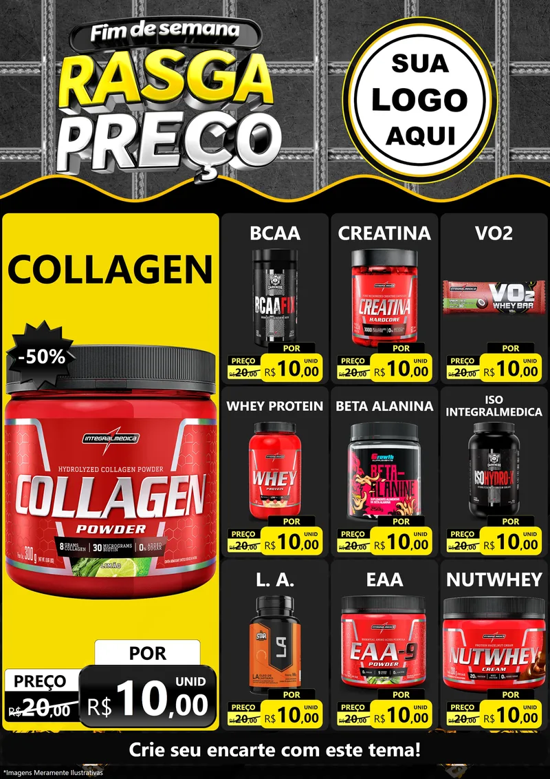 Modelo de Encarte para Encarte A4 Vertical com o tema Fim de Semana Rasga Preço para Suplementos alimentares