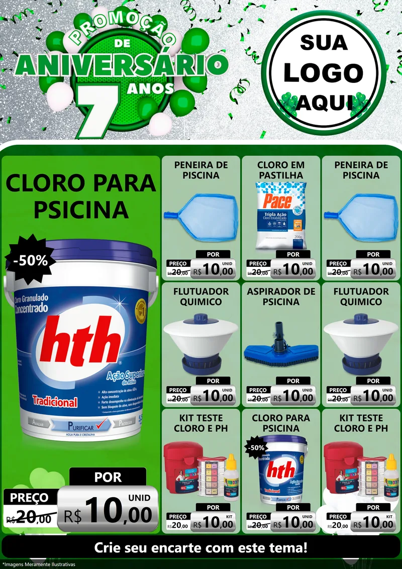 Modelo de Encarte para Encarte A4 Vertical com o tema Promoção de Aniversário - 7 Anos para Produtos para Piscina