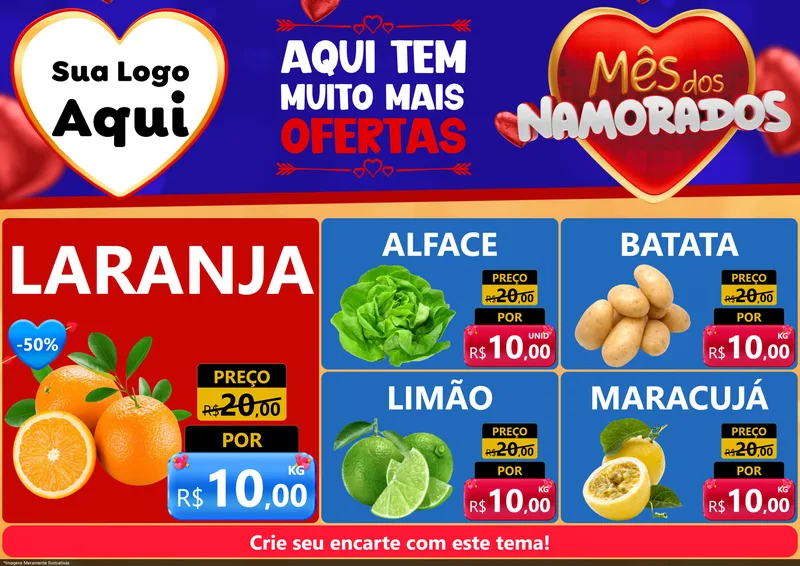 Modelo de Encarte para Encarte A4 Horizontal com o tema Mês dos Namorados para Hortifrúti