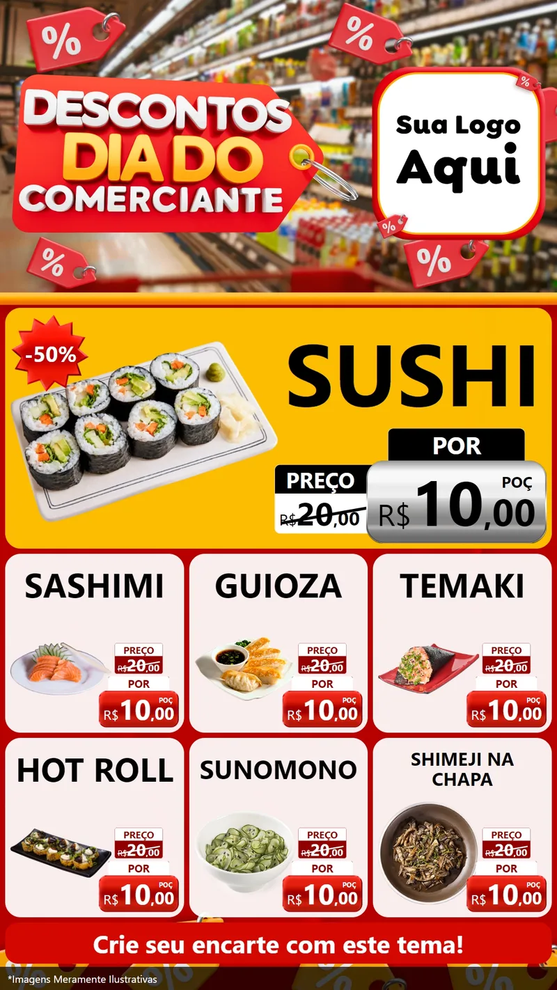 Modelo de Rede Social para Stories com o tema Descontos Dia do Comerciante para Comida japonesa