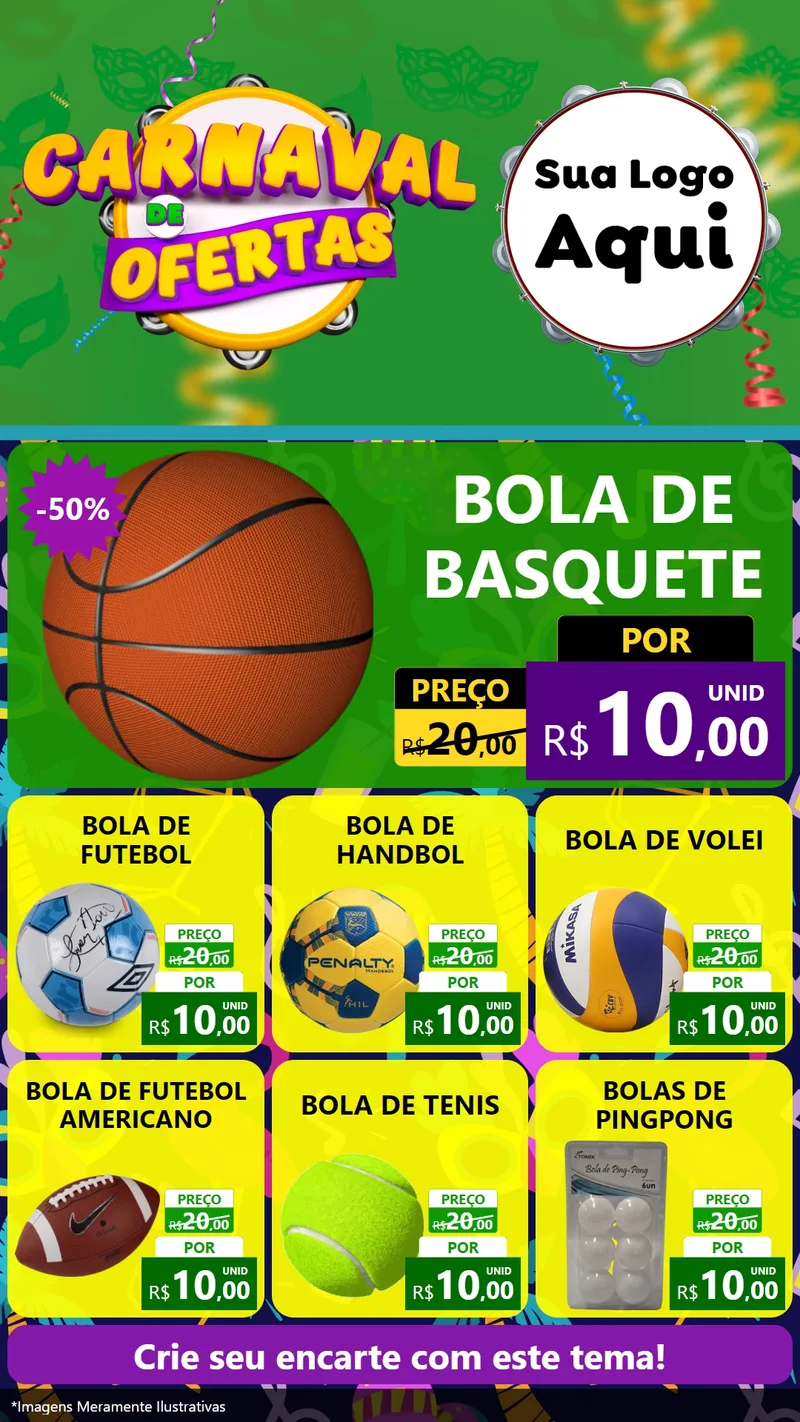 Modelo de Rede Social para Stories com o tema Carnaval de Ofertas para Artigos Esportivos