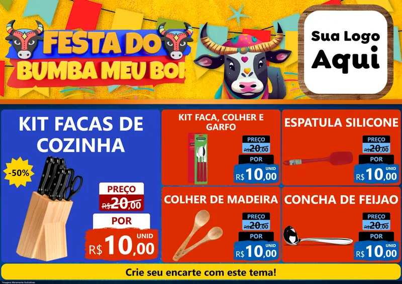 Modelo de Encarte para Encarte A4 Horizontal com o tema Festa do Bumba Meu Boi para Utilidades Domésticas