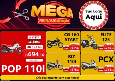Modelo de Encarte para Encarte A4 Horizontal com o tema Mega Reinauguração para Concessionaria de Motos