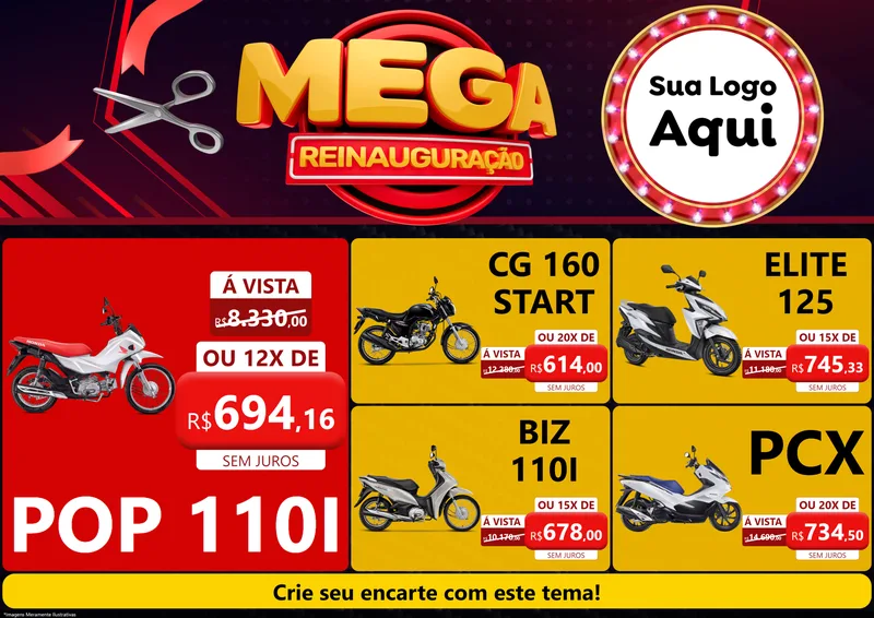 Modelo de Encarte para Encarte A4 Horizontal com o tema Mega Reinauguração para Concessionaria de Motos