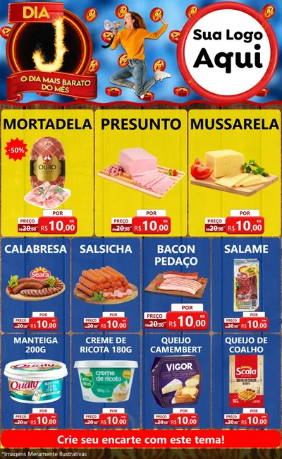 Modelo de Encarte para Encarte Grande com o tema Dia J - O Dia Mais Barato Do Mês para Frios e Laticínios