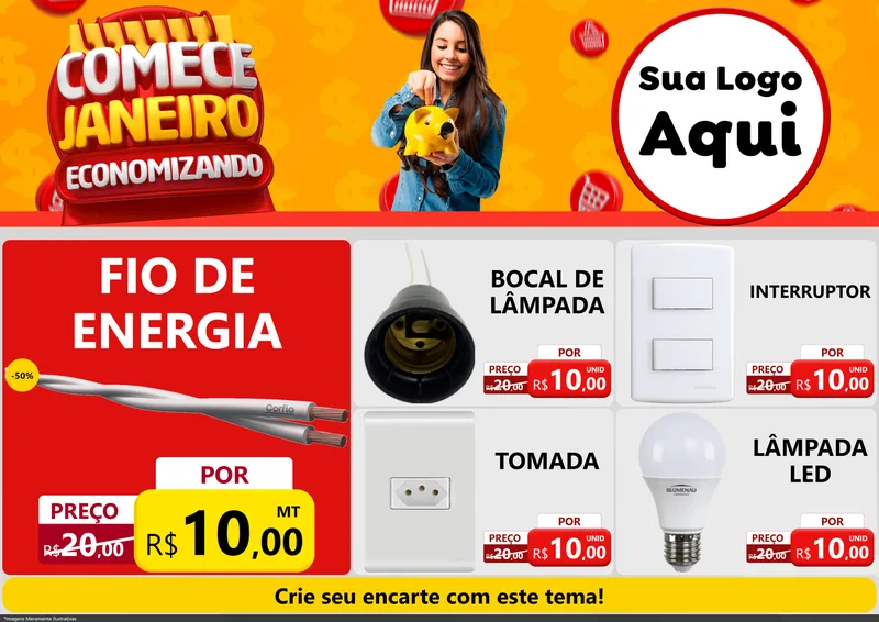 Modelo de Encarte para Encarte A4 Horizontal com o tema Comece Janeiro Economizando para Materiais Elétricos