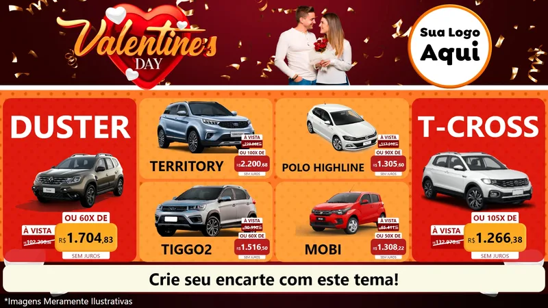 Modelo de TV para TV Horizontal com o tema Valentine's Day para Concessionaria de Carros