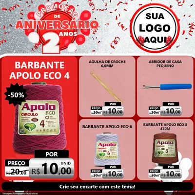 Modelo de Rede Social para Feed Facebook com o tema Promoção de Aniversário - 2 Anos para Armarinho e Aviamentos