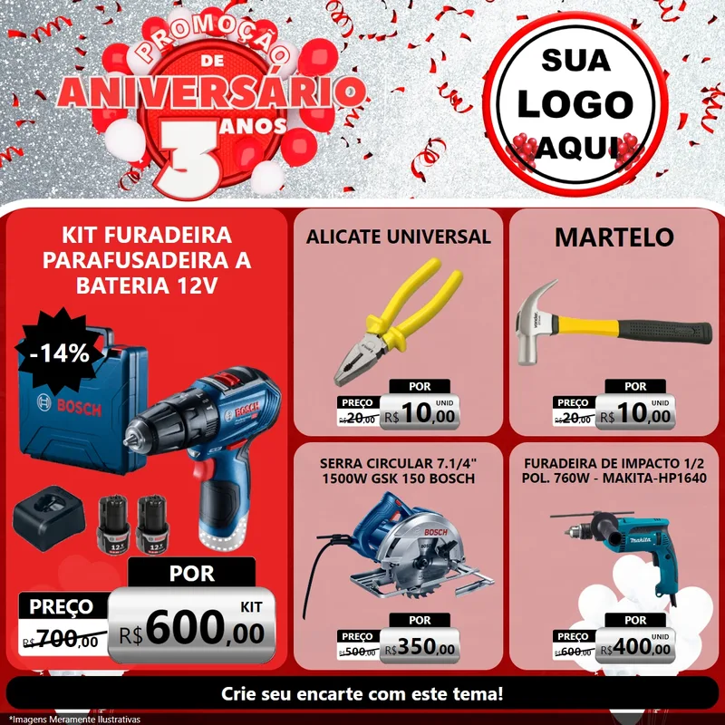 Modelo de Rede Social para Feed Facebook com o tema Promoção de Aniversário - 3 Anos para Maquinas e Ferramentas