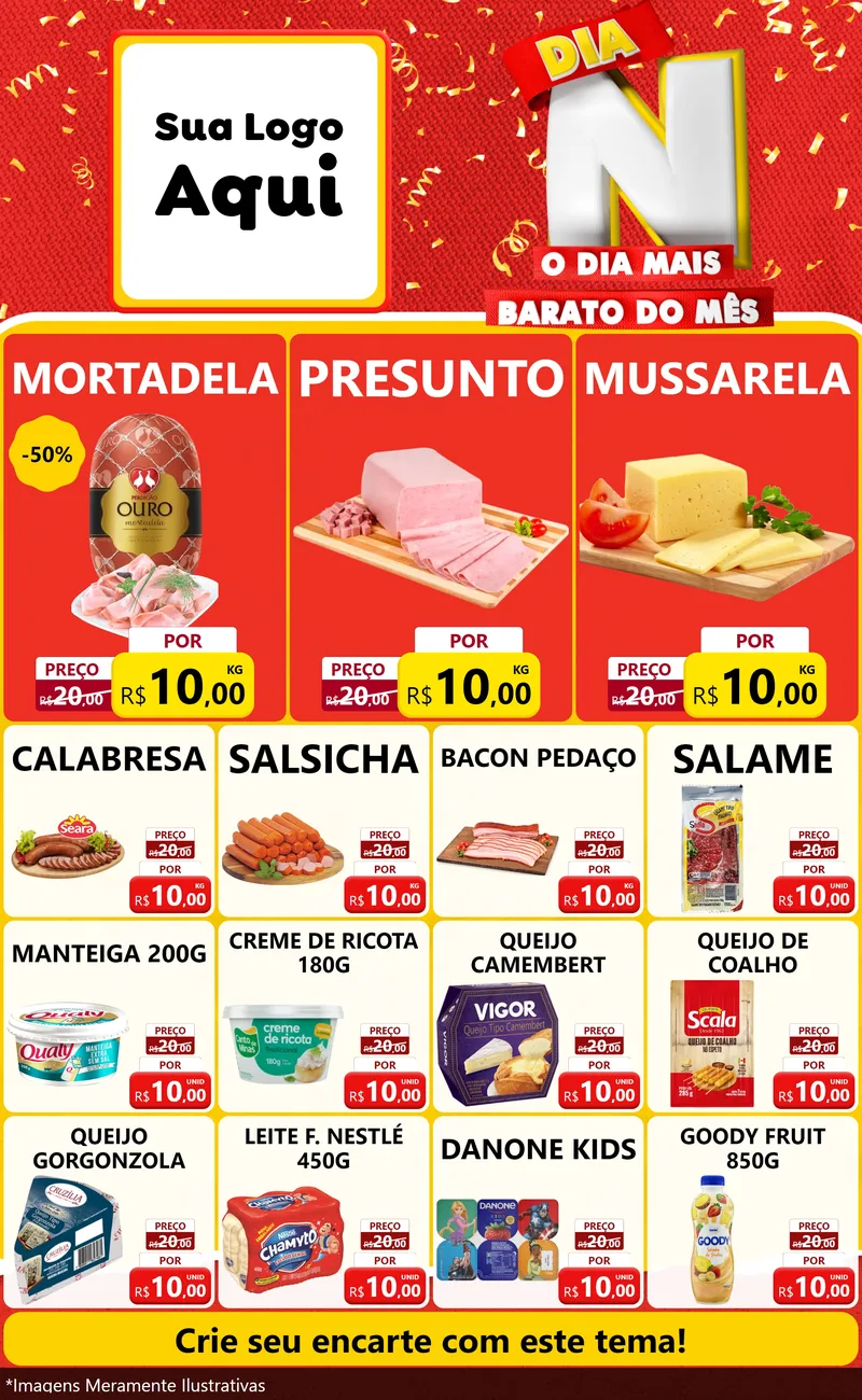 Modelo de Encarte para Encarte Grande com o tema Dia N o Dia Mais Barato do Mês para Frios e Laticínios