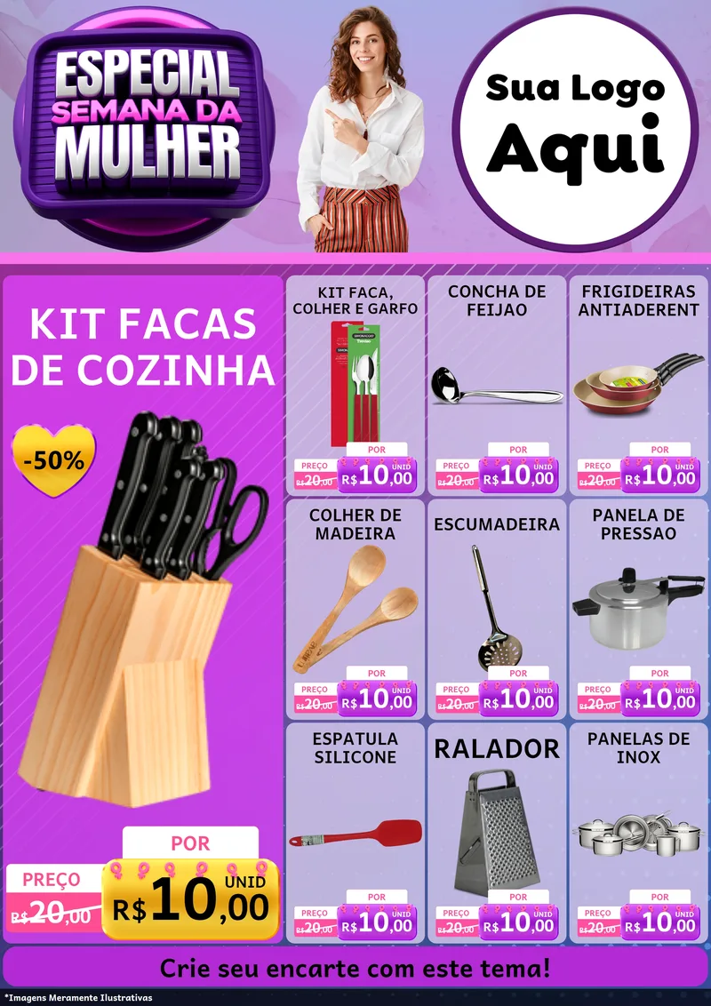 Modelo de Encarte para Encarte A4 Vertical com o tema Especial Semana da Mulher para Utilidades Domésticas
