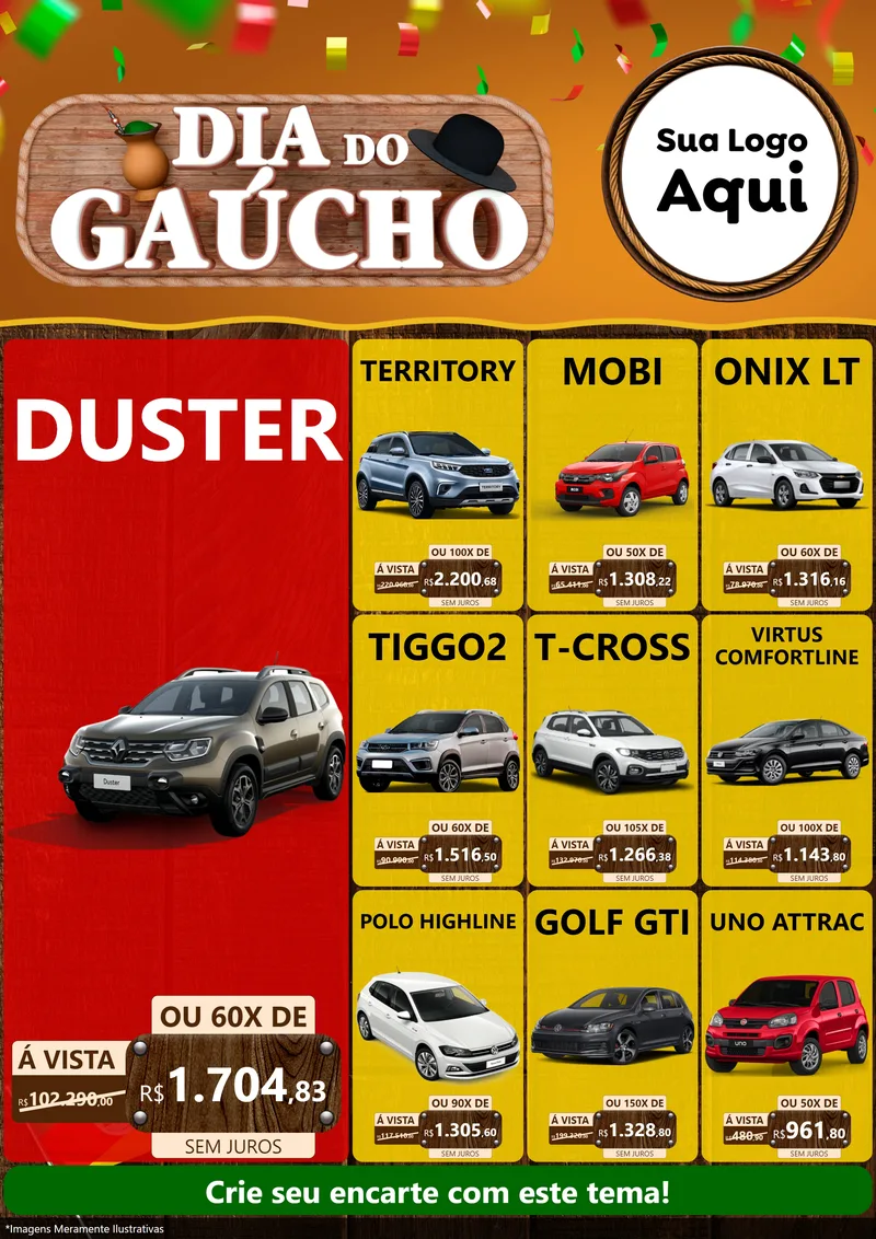 Modelo de Encarte para Encarte A4 Vertical com o tema Dia do Gaúcho para Concessionaria de Carros