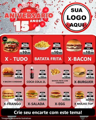 Modelo de Rede Social para Feed Instagram com o tema Promoção de Aniversário - 15 Anos para Hamburgueria