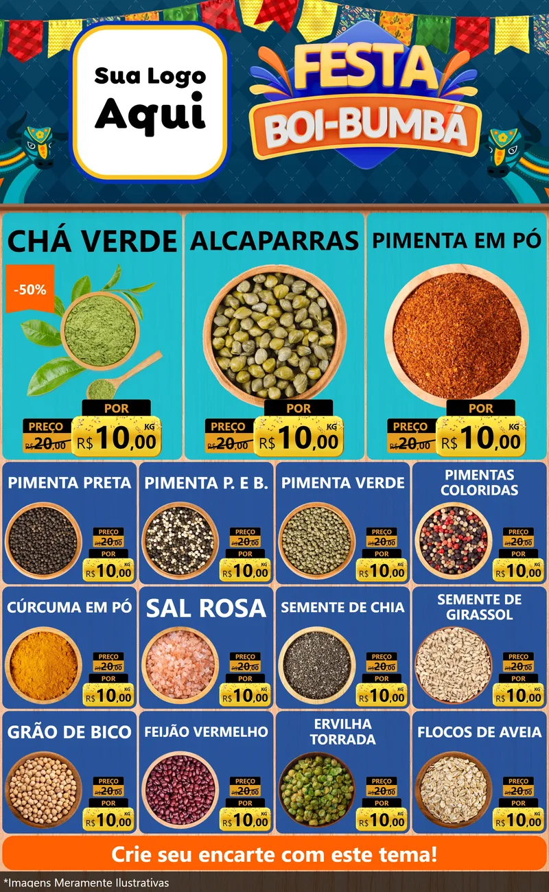 Modelo de Encarte para Encarte Grande com o tema Festa Boi Bumbá para Produtos Naturais