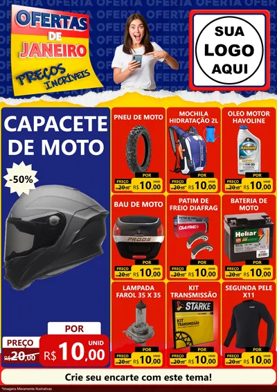 Modelo de Encarte para Encarte A4 Vertical com o tema Ofertas de Janeiro - Preços Incríveis para Moto peças