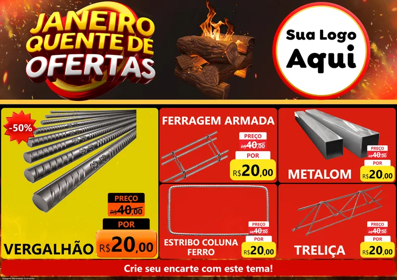 Modelo de Encarte para Encarte A4 Horizontal com o tema Janeiro Quente de Ofertas para Ferragens