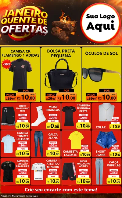 Modelo de Encarte para Encarte Grande com o tema Janeiro Quente de Ofertas para Roupas e acessórios