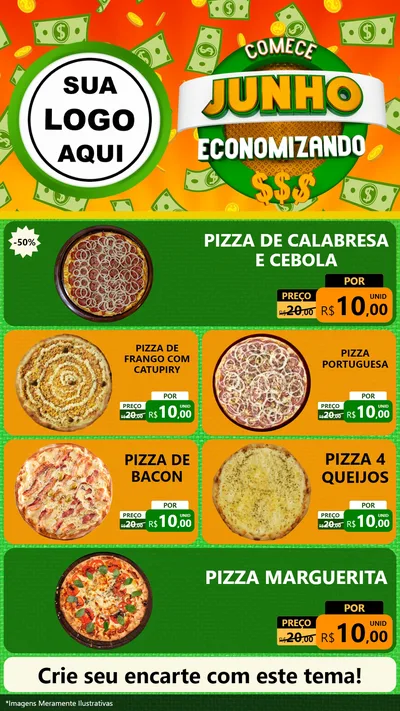 Modelo de TV para TV Vertical com o tema Comece Junho Economizando para Pizzaria