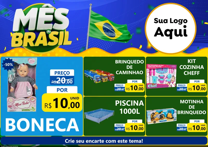Modelo de Encarte para Encarte A4 Horizontal com o tema Mês do Brasil para Brinquedos