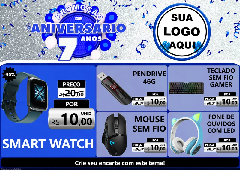 Modelo de Encarte para Encarte A4 Horizontal com o tema Promoção de Aniversário - 7 Anos para Informática