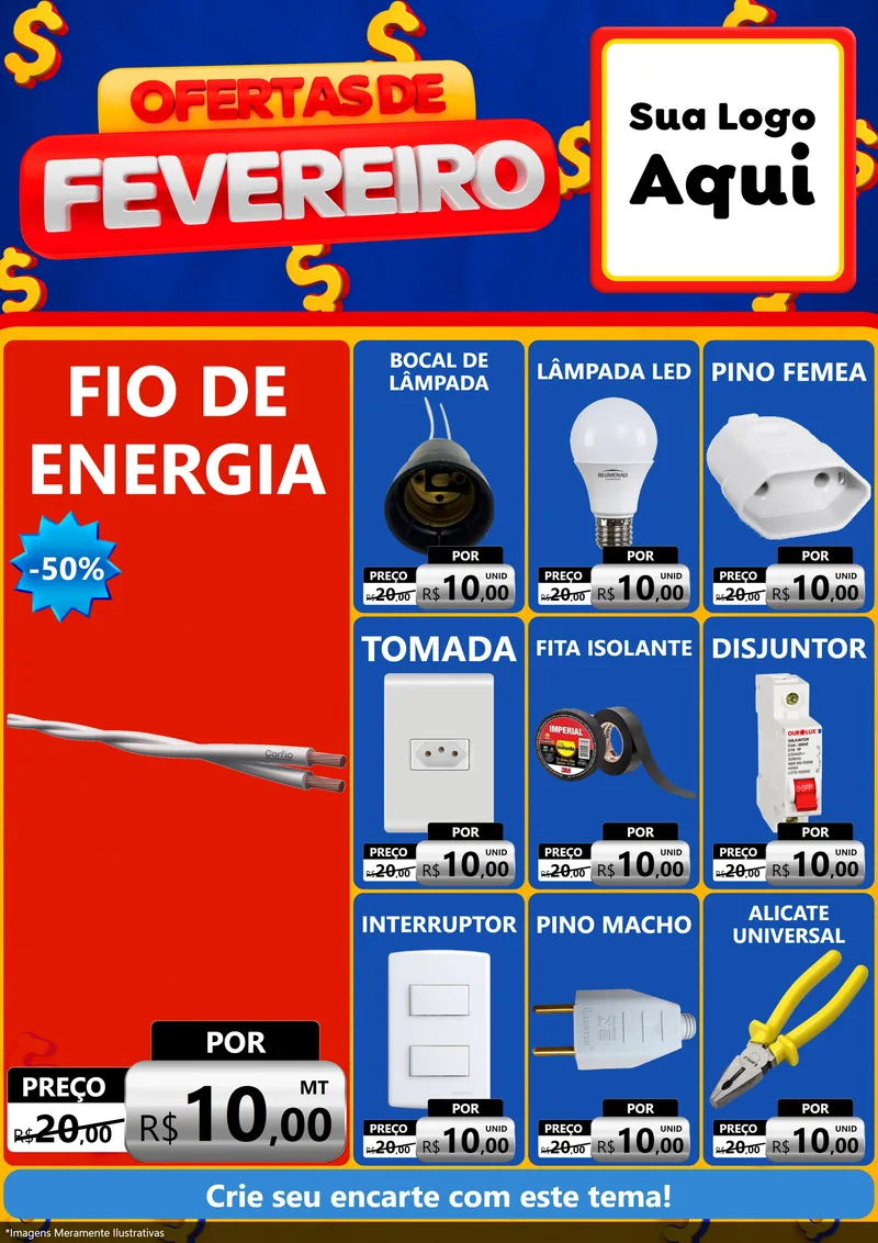 Modelo de Encarte para Encarte A4 Vertical com o tema Ofertas de Fevereiro para Materiais Elétricos