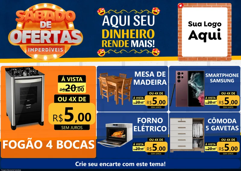 Modelo de Encarte para Encarte A4 Horizontal com o tema Sábado de Ofertas Imperdíveis para Móveis e Eletro