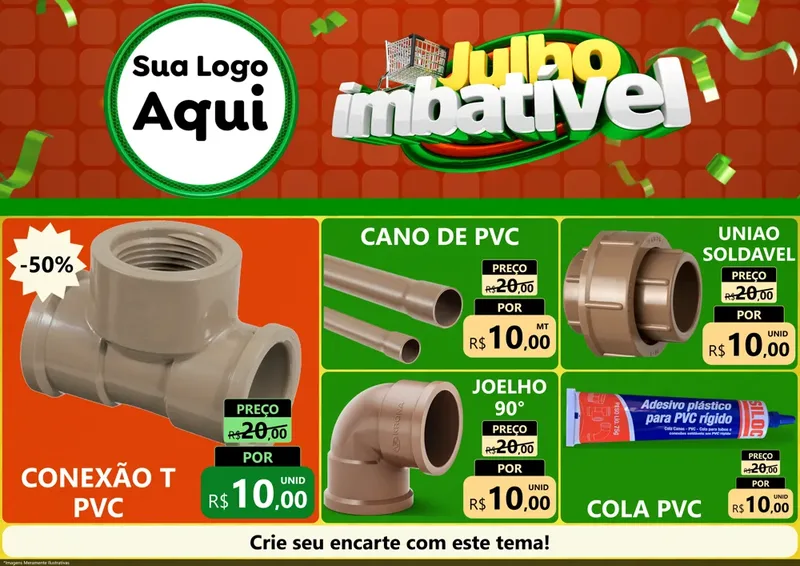 Modelo de Encarte para Encarte A4 Horizontal com o tema Julho Imbatível para Tubos e conexões