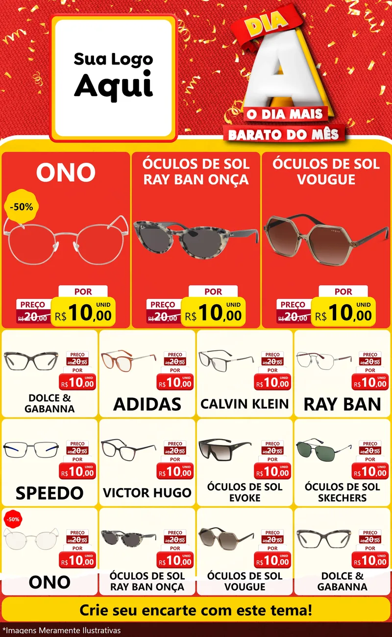 Modelo de Encarte para Encarte Grande com o tema Dia A o Dia Mais Barato do Mês para Óticas