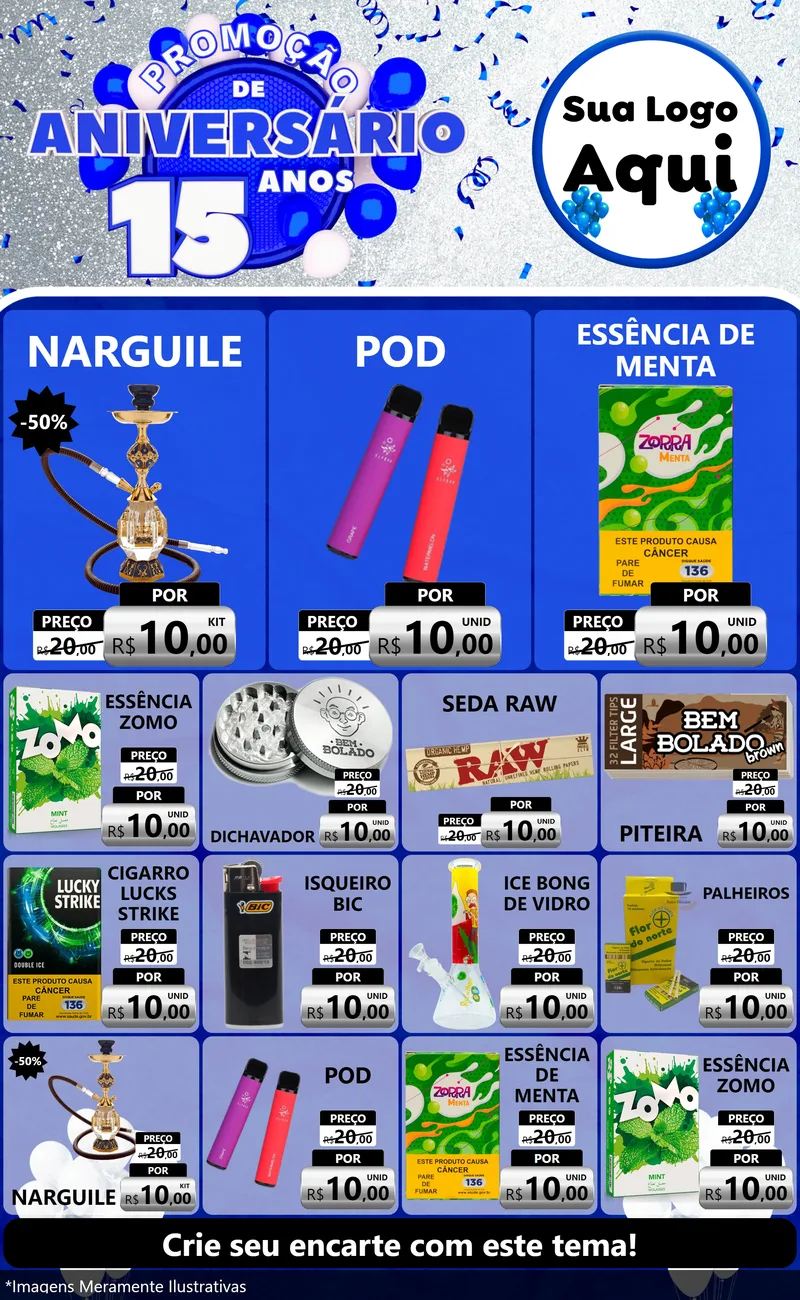 Modelo de Encarte para Encarte Grande com o tema Promoção de Aniversário - 15 Anos para Tabacaria