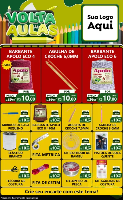 Modelo de Encarte para Encarte Grande com o tema Volta às Aulas para Armarinho e Aviamentos