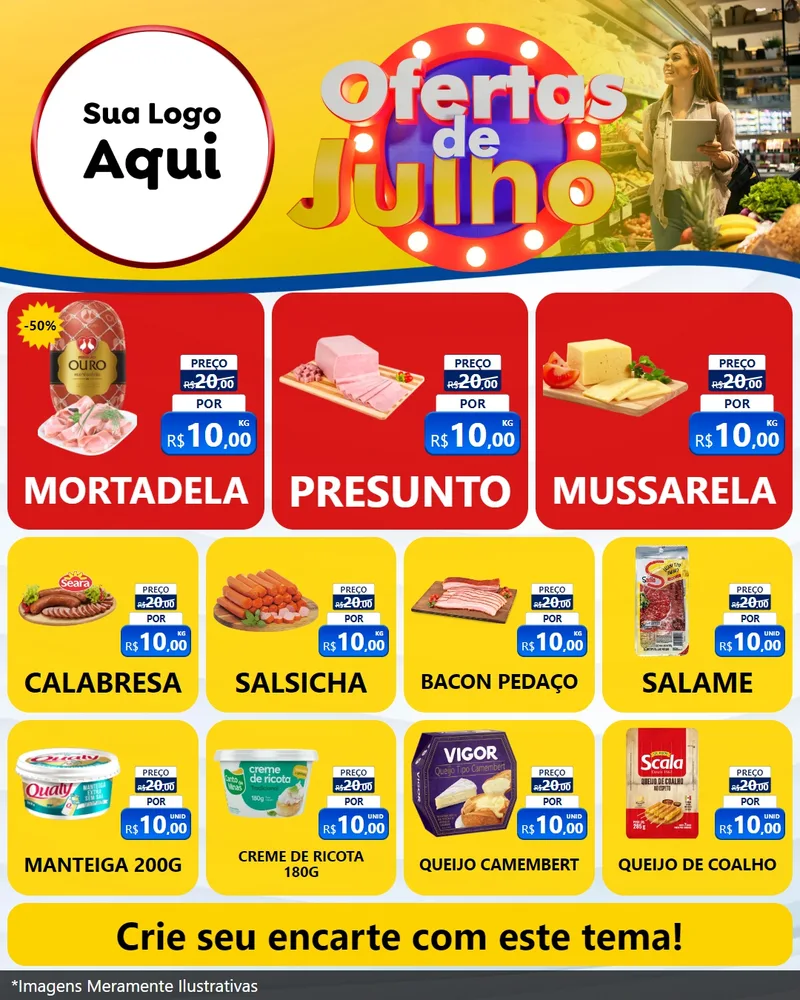 Modelo de Rede Social para Feed Instagram com o tema Ofertas de Julho para Frios e Laticínios