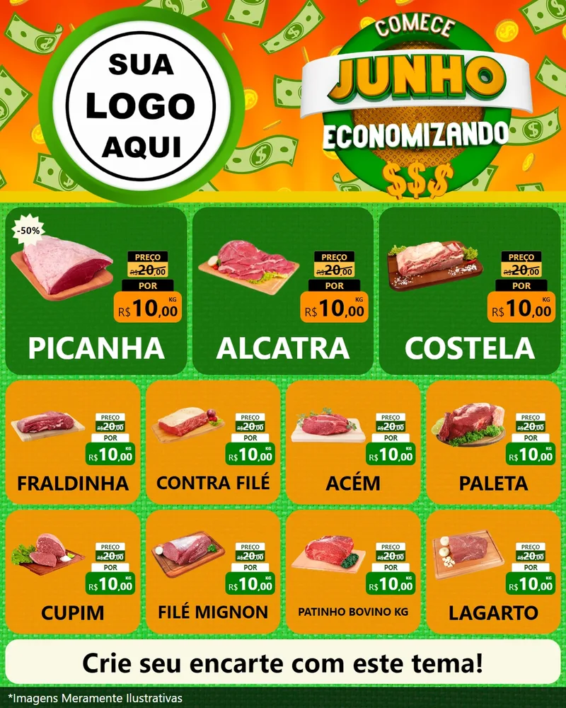 Modelo de Rede Social para Feed Instagram com o tema Comece Junho Economizando para Açougue