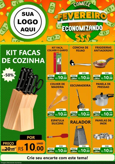 Modelo de Encarte para Encarte A4 Vertical com o tema Comece Fevereiro Economizando para Utilidades Domésticas