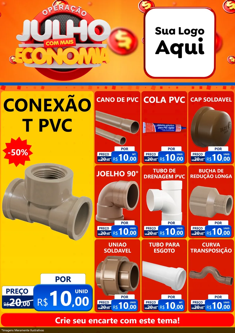 Modelo de Encarte para Encarte A4 Vertical com o tema Operação Julho Com Mais Economia para Tubos e conexões