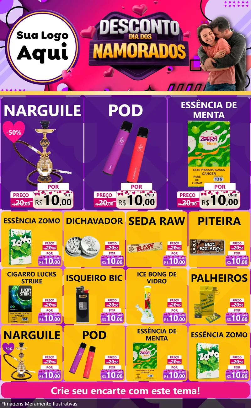 Modelo de Encarte para Encarte Grande com o tema Desconto Dia dos Namorados para Tabacaria