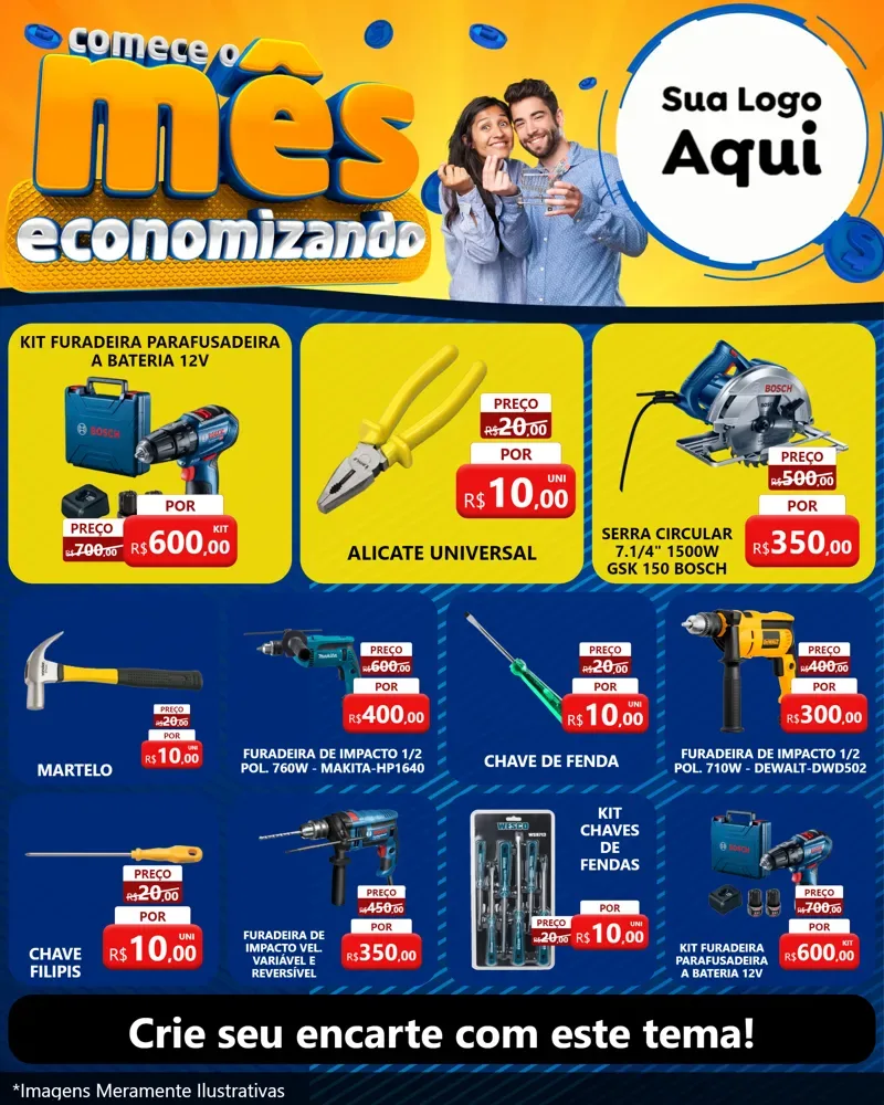 Modelo de Rede Social para Feed Instagram com o tema Comece O Mês Economizando para Maquinas e Ferramentas