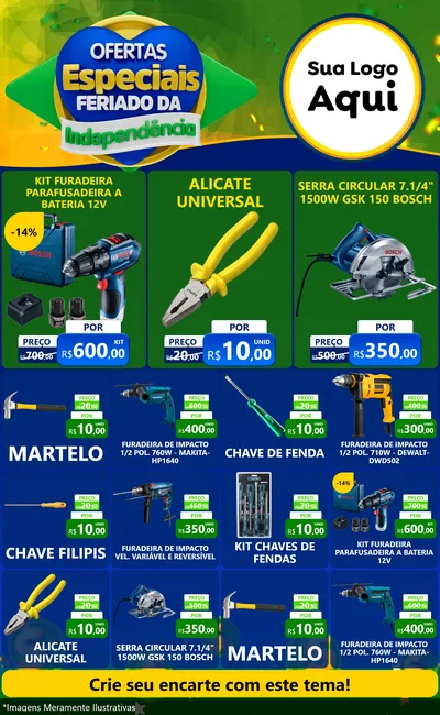 Modelo de Encarte para Encarte Grande com o tema Ofertas Especiais Feriado da Independência para Maquinas e Ferramentas