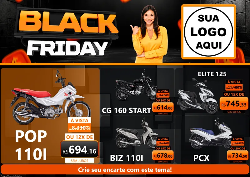 Modelo de Encarte para Encarte A4 Horizontal com o tema Black Friday para Concessionaria de Motos