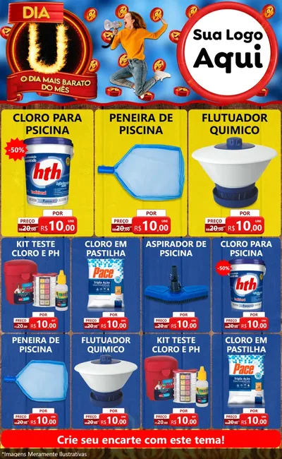 Modelo de Encarte para Encarte Grande com o tema Dia U - O Dia Mais Barato Do Mês para Produtos para Piscina
