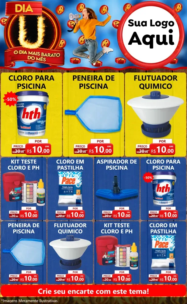 Modelo de Encarte para Encarte Grande com o tema Dia U - O Dia Mais Barato Do Mês para Produtos para Piscina
