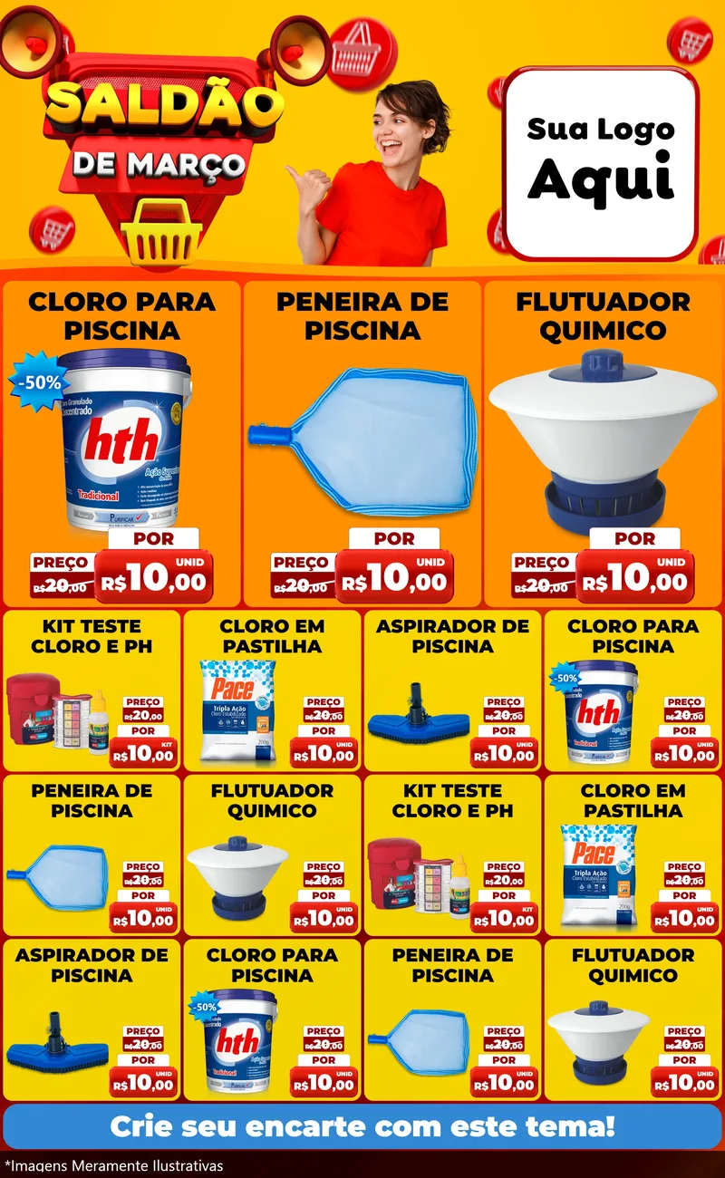 Modelo de Encarte para Encarte Grande com o tema Saldão de Março para Produtos para Piscina