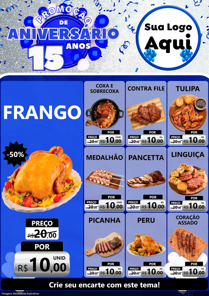 Modelo de Encarte para Encarte A4 Vertical com o tema Promoção de Aniversário - 15 Anos para Assados